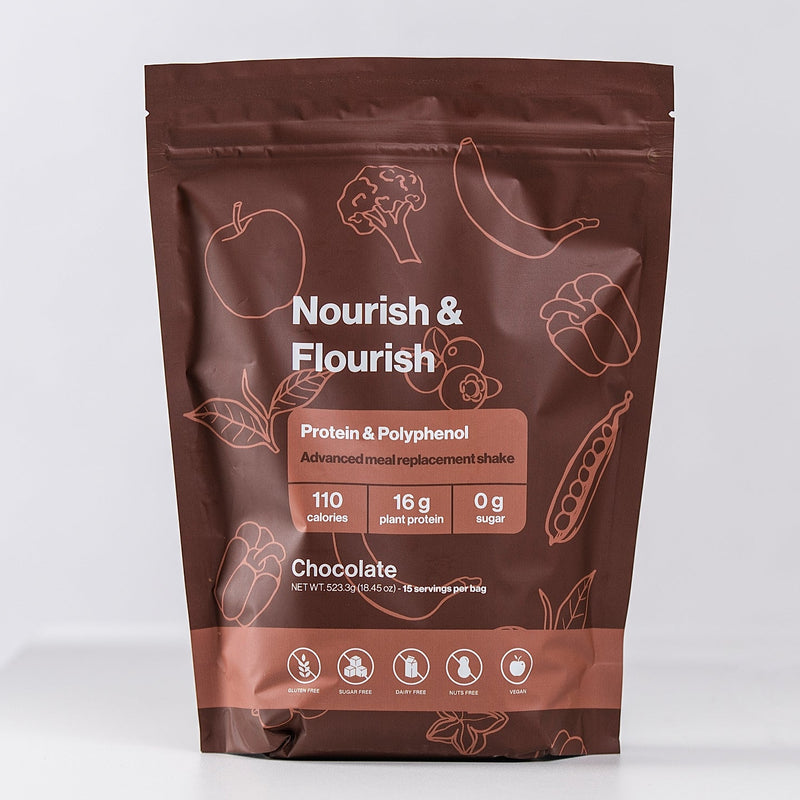 Load image into Gallery viewer, Nourish &amp; Flourish' Protein &amp; Polyphenol Advanced Meal Replacement powder Chocolate on a white background
