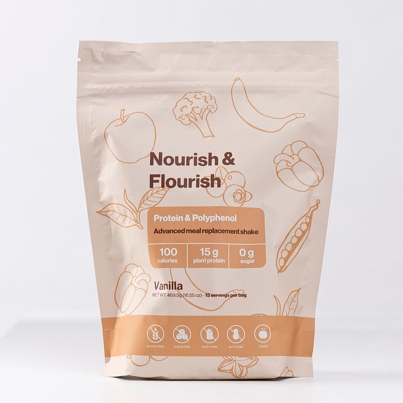 Load image into Gallery viewer, Nourish &amp; Flourish Protein &amp; Polyphenol Advanced Meal Replacement powder Vanilla on a white background
