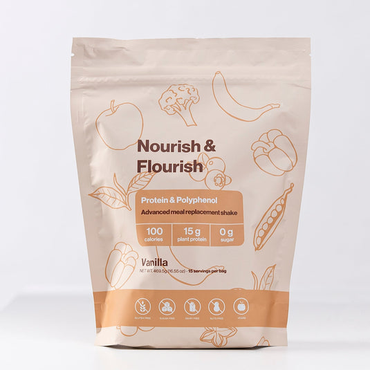 Nourish & Flourish Protein & Polyphenol Advanced Meal Replacement powder Vanilla on a white background