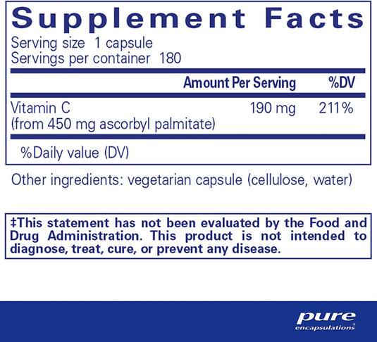 Pure Encapsulations Ascorbyl Palmitate Fat-soluble Vitamin C Antioxidant Support Product Label
